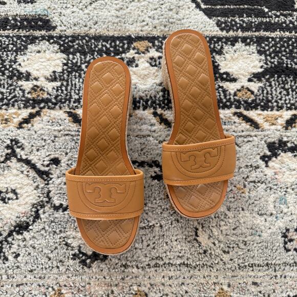Tory Burch Tan Leather Fleming Espadrille Slide Heels - Picture 3 of 5